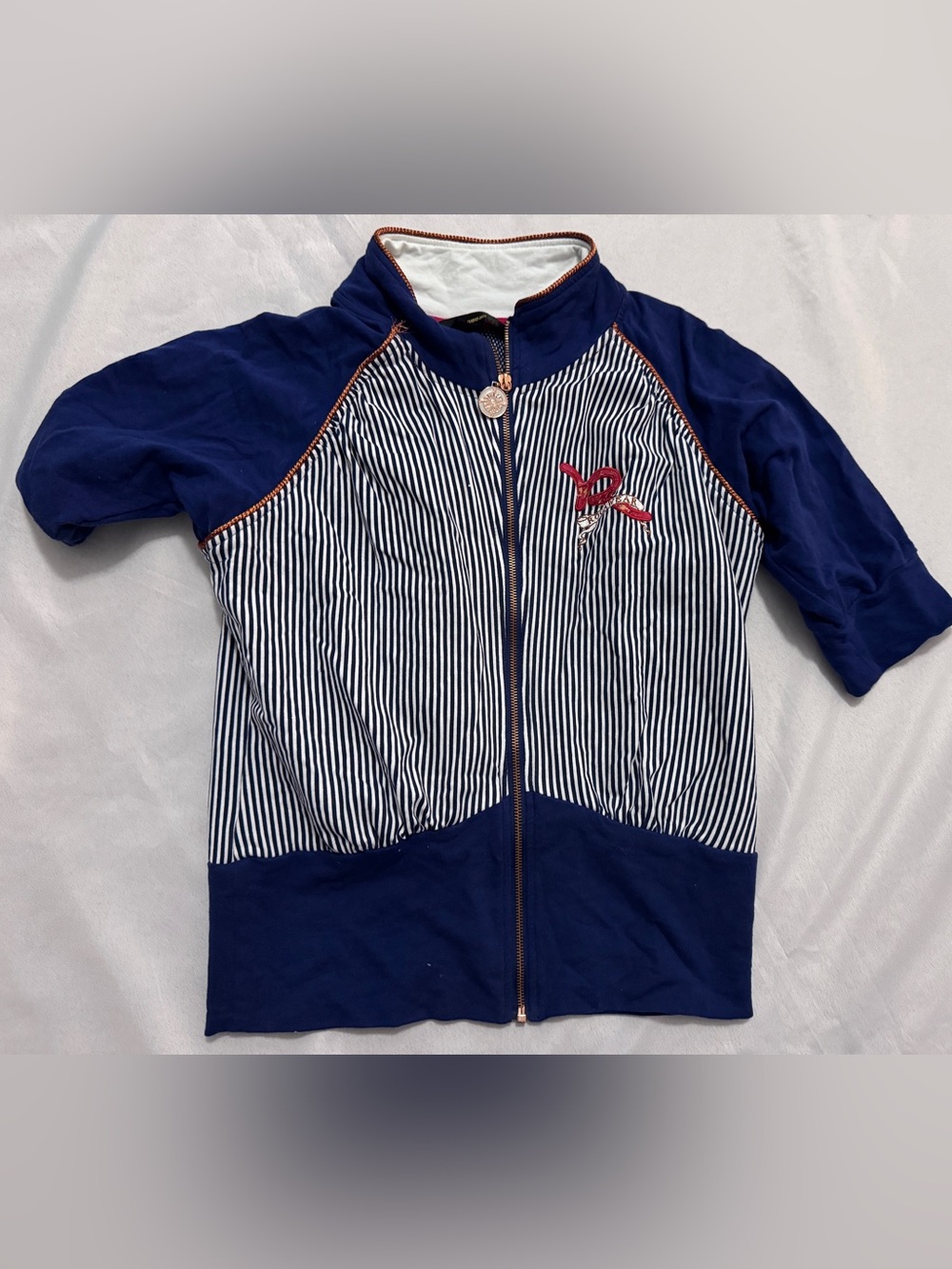 Vintage Rocawear Navy Striped Zip Front Jacket with Embroidered Detail